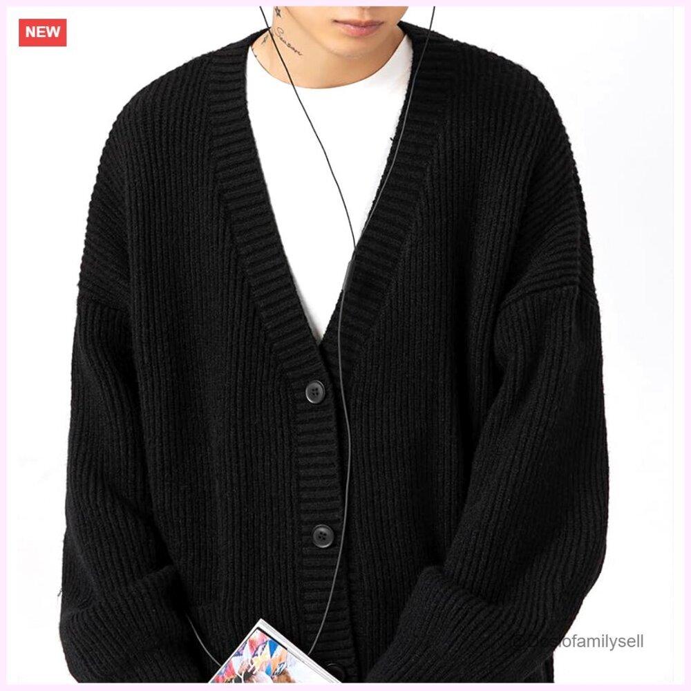 Men's Cable Knit Cardigan Sweater, V-Neck, Long Sleeve, Oversized Streetwear - Picture 7 of 7